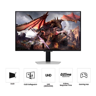 Vue de face du Samsung Odyssey OLED G8 G80SD affichant une scène avec un dragon et un guerrier, au-dessus des cinq icônes des fonctionnalités OLED, OLED safeguard+, UHD , 0.03ms Response Time et Gaming Hub.