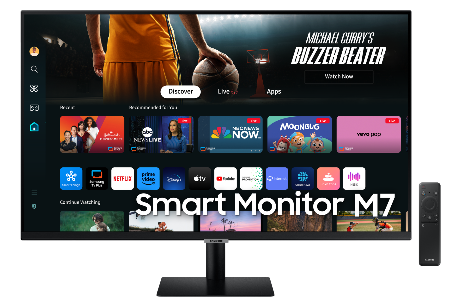 Vue de face du Samsung Smart Monitor M70D 32-pouces affichant les applications Smart TV à côté de la télécommande