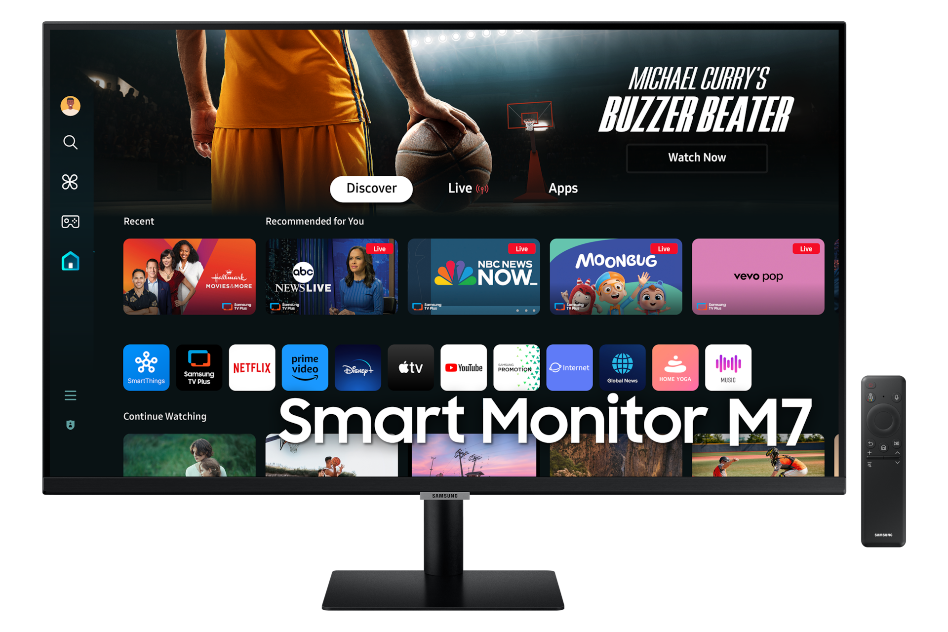 Vue de face du Samsung Smart Monitor M70D 32-pouces affichant les applications Smart TV à côté de la télécommande