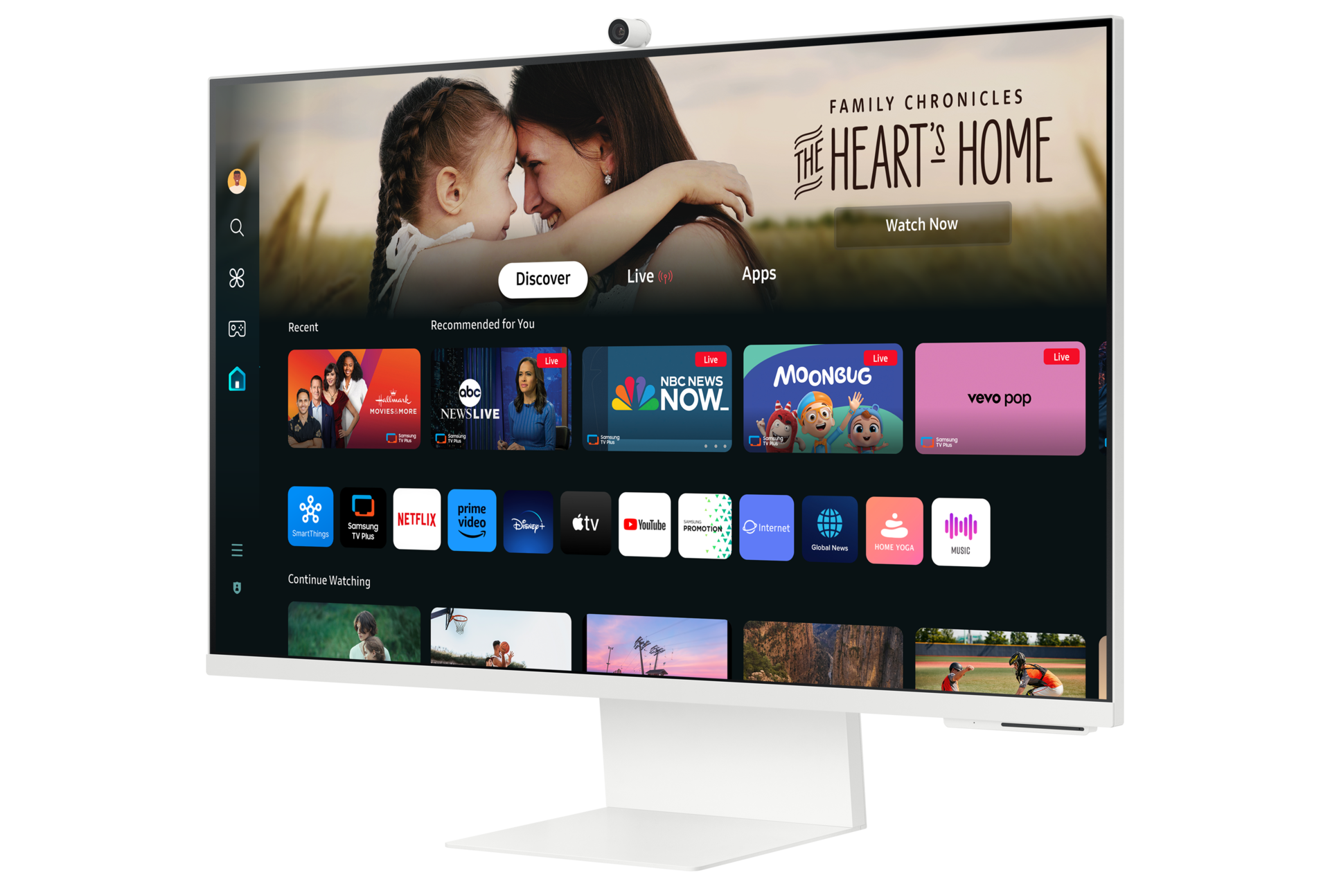 Vue de biais depuis la droite de l'écran du Samsung Smart Monitor M80D affichant les applications Smart TV.