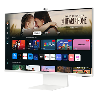 Vue de biais depuis la droite de l'écran du Samsung Smart Monitor M80D affichant les applications Smart TV.