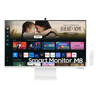 Vue de face du Samsung Smart Monitor M80D affichant les applications Smart TV avec la webcam Slimfit et la télécommande.