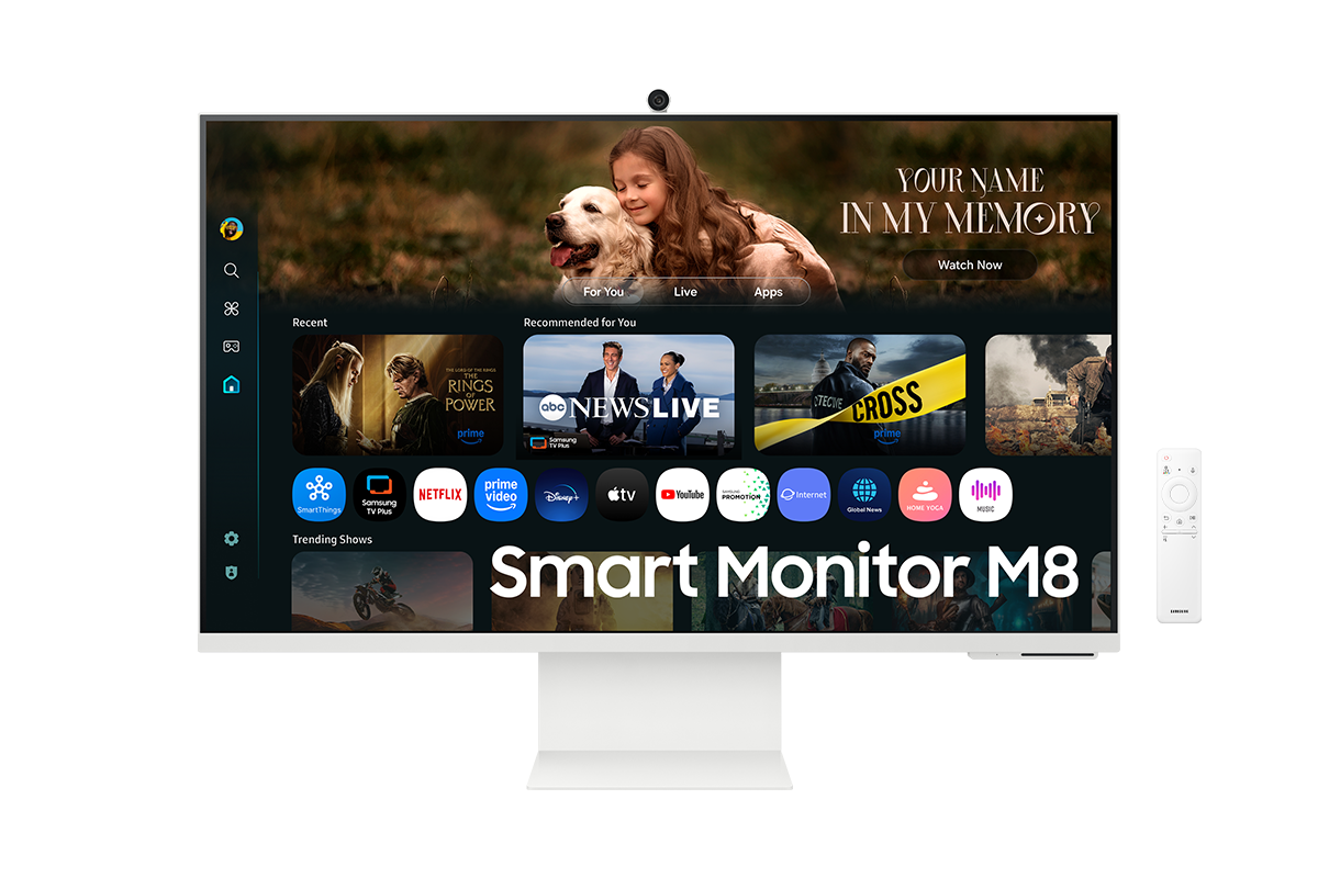 [Fróñ~t óf 32 í~ñch S~ámsú~ñg Sm~árt M~óñít~ór M8 w~íth t~hé sc~rééñ~ shów~íñg S~márt~ TV Áp~ps pá~gé wí~th vá~ríóú~s cóñ~téñt~ áñd á~pps l~íñéd~ úp, áñ~d á ré~móté~ cóñt~ról.]