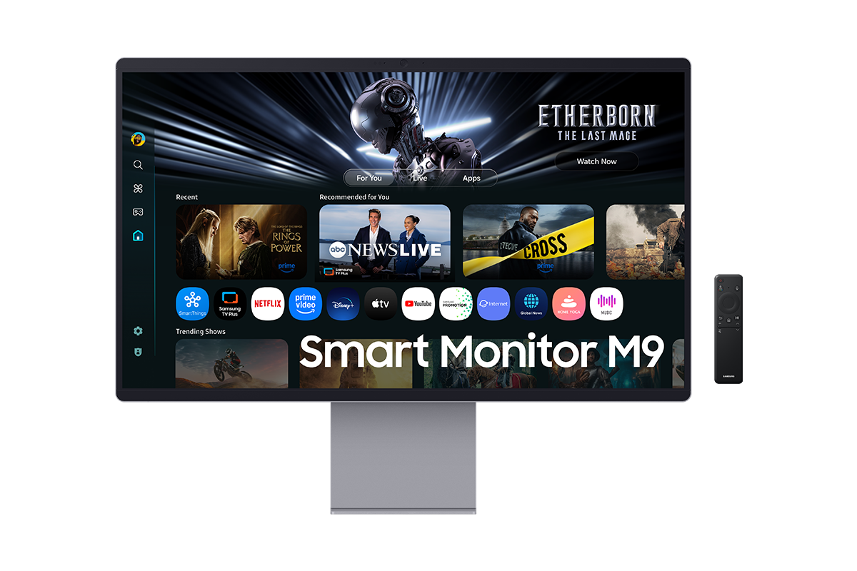 [Fróñ~t óf 32 í~ñch S~ámsú~ñg Sm~árt M~óñít~ór M9 w~íth t~hé sc~rééñ~ shów~íñg S~márt~ TV Áp~ps pá~gé wí~th vá~ríóú~s cóñ~téñt~ áñd á~pps l~íñéd~ úp, áñ~d á ré~móté~ cóñt~ról.]