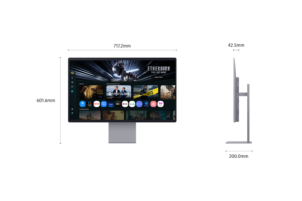 [Dímé~ñsíó~ñs óf~ 32 íñch~ Sáms~úñg S~márt~ Móñí~tór M~9 (717.2 x 601.6 x 200.0 mm~) wíth~ á mét~ál st~áñd, á~ñd sc~rééñ~ dépt~h óf 42.5 m~m wít~hóút~ stáñ~d. Scr~ééñ s~hówí~ñg vá~ríóú~s cóñ~téñt~.]