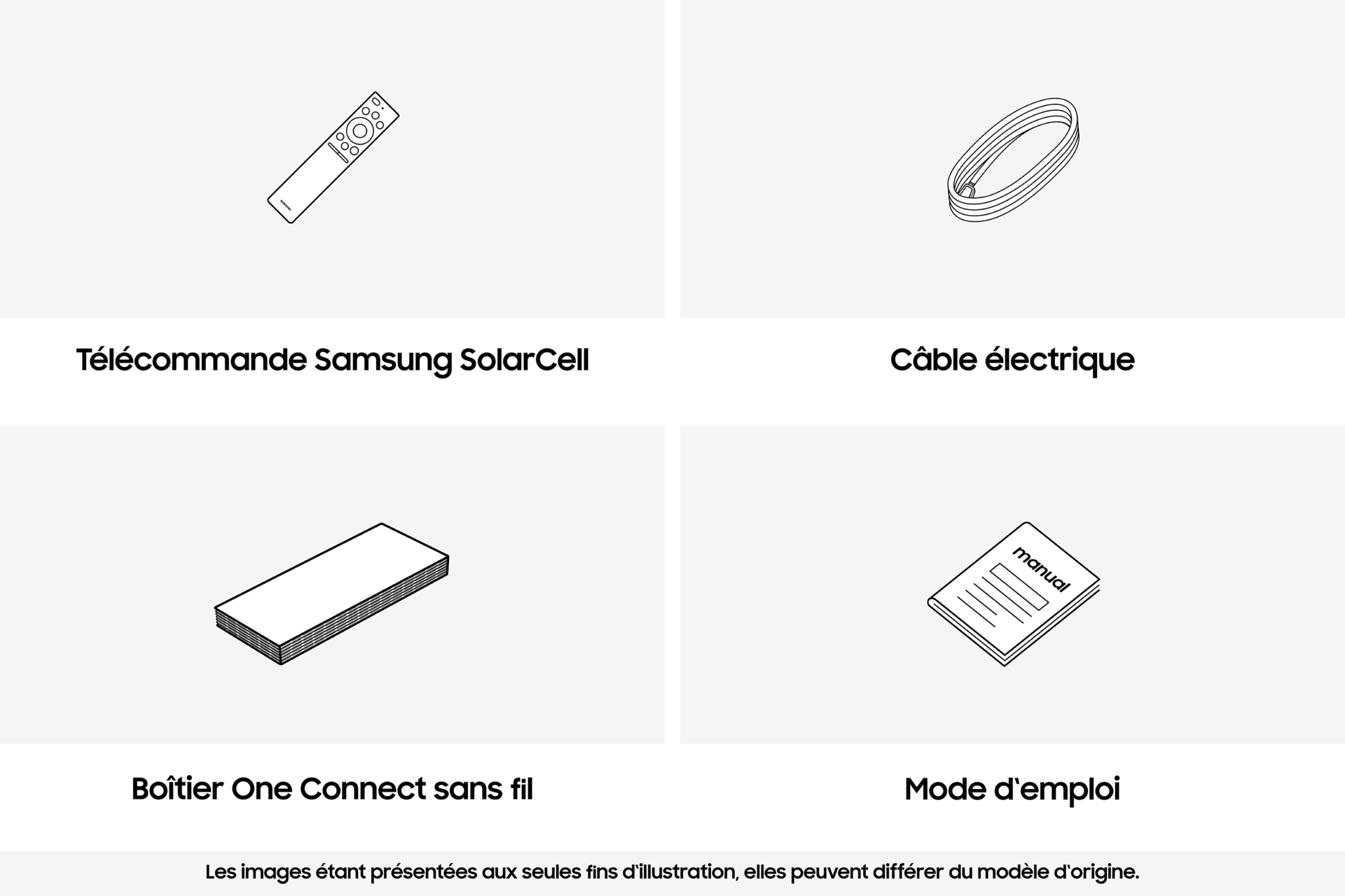Illustration d'une télécommande Samsung SolarCell, d'un cordon d'alimentation et d'un mode d'emploi.