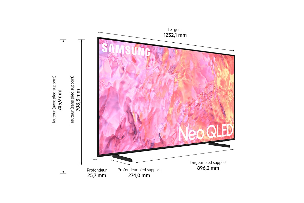 Dimensions du téléviseur Samsung QLED (708,3 x 25,7 x 1.232,1 mm) Q60C avec le pied Branch Stand gris