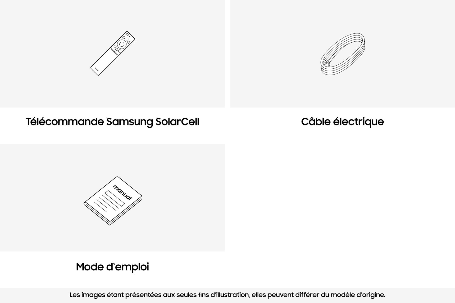 Illustration d'une télécommande Samsung SolarCell, d'un cordon d'alimentation et d'un mode d'emploi portant la mention « Mode d'emploi ».