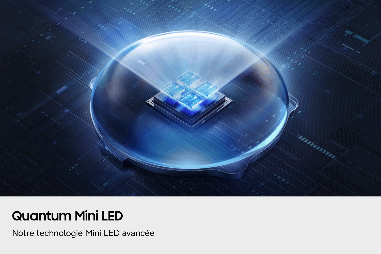 Représentation futuriste d'une mini-LED Quantum sous un dôme transparent, sur un fond numérique ressemblant à un circuit imprimé. 