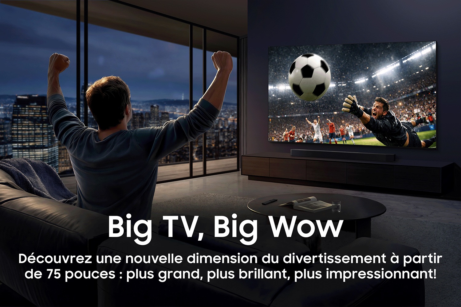 Une personne regarde un match de foot passionnant sur un grand écran dans un salon élégant et lève les bras au ciel en signe de joie. Texte : « Grand écran, grand wow. »