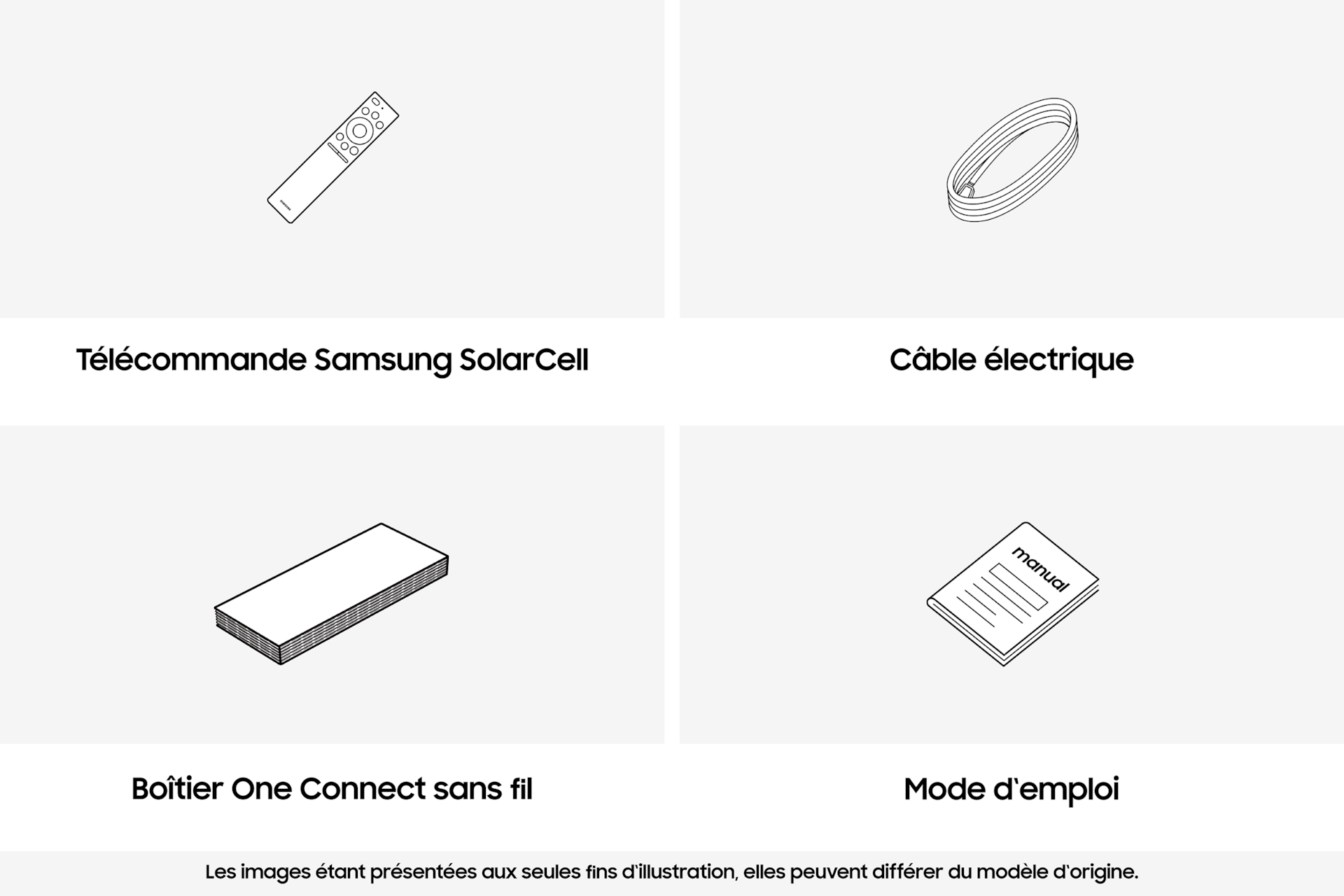 Illustration d'une télécommande Samsung SolarCell, d'un cordon d'alimentation, d'un boîtier Wireless One Connect et d'un mode d'emploi.
