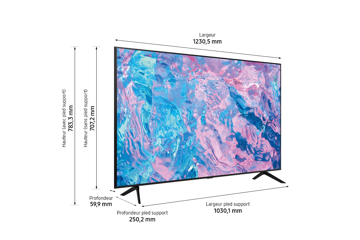 Dimension of Samsung UHD TV CU7000 with black feet stand
