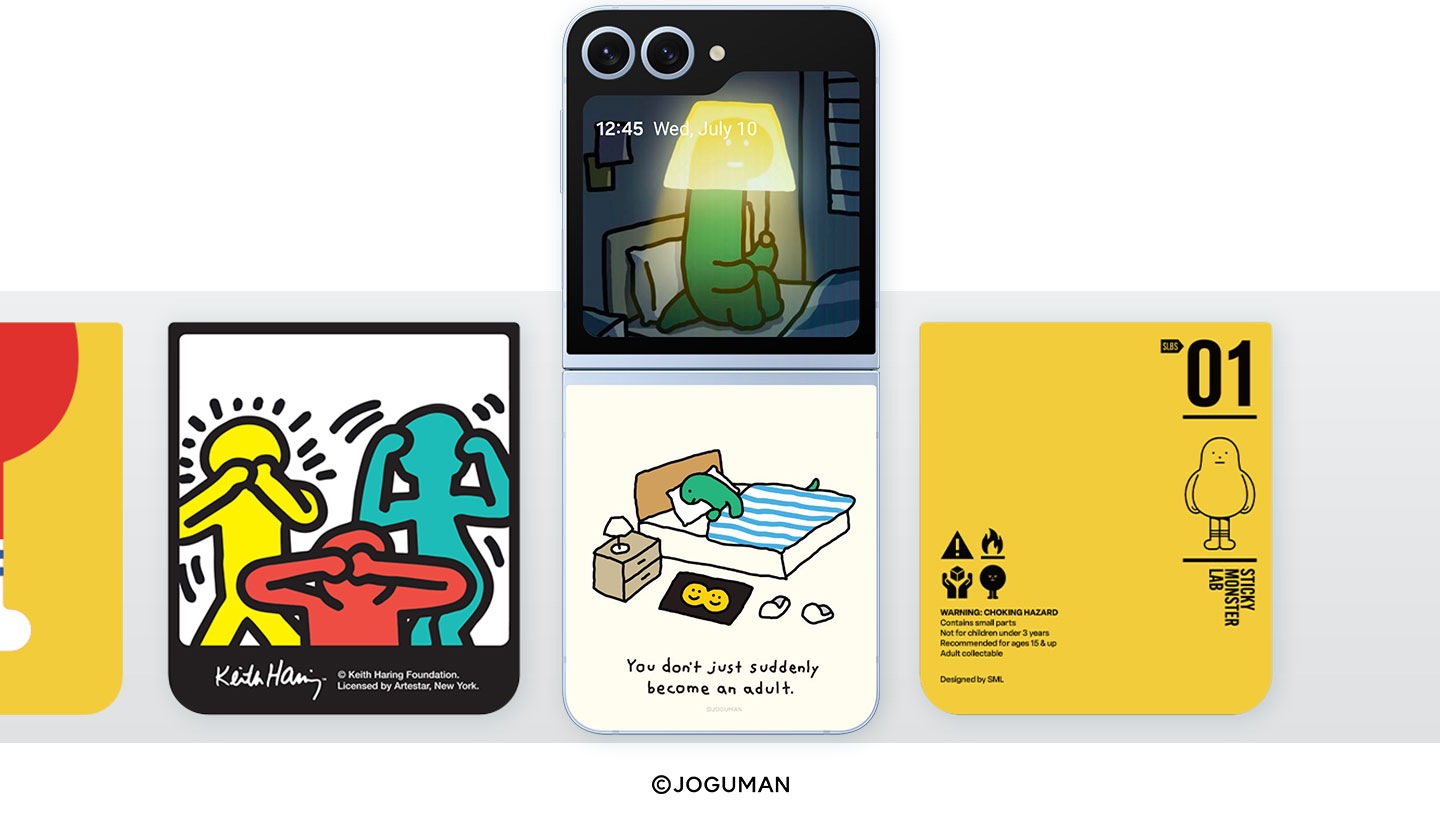 An assortment of Flipsuit Card designs being shown one by one on a Galaxy Z Flip6 with a Flipsuit Case. One at a time, a Flipsuit Card is inserted into the case and the design comes to life in the content of the phone. Each design featured is unique, stylish, and catered for different personalities. Some designs are brand collaborations. Each brand is sticky monster lab, joguman, and keith haring, and each time the Flipsuit Card is inserted, the logo appears at the bottom of the Galaxy Z Flip6.