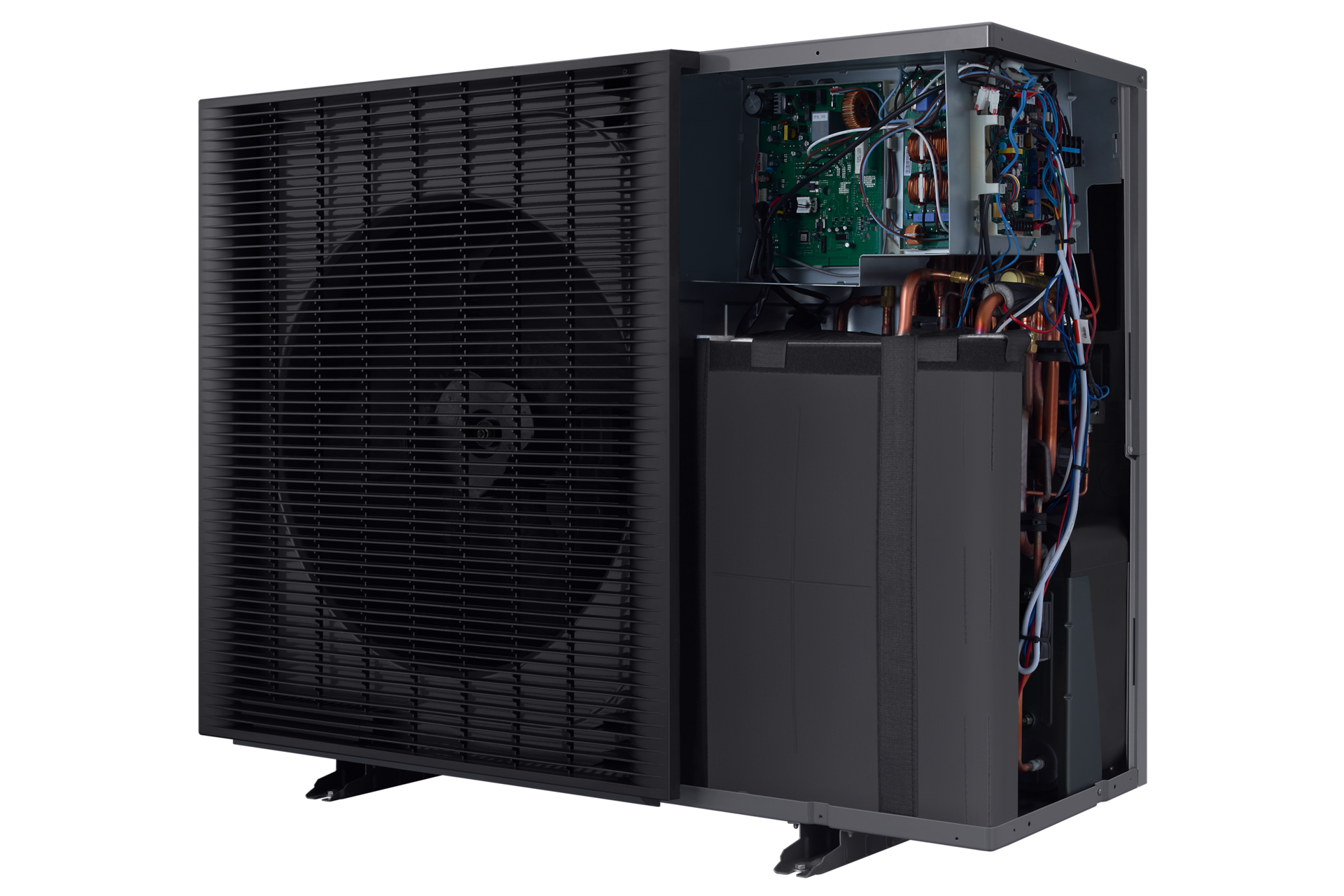 EHS Mono HT Quiet_AE140BXYDGG with Leaving Water Temperature of up to 70°C R-Perspective-Open Black 