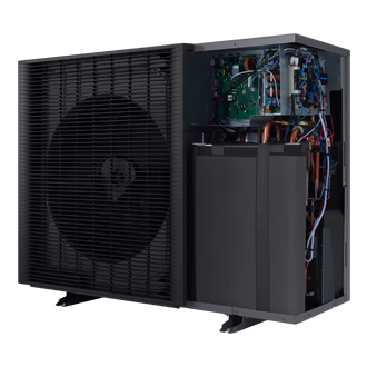 EHS Mono HT Quiet_AE140BXYDGG with Leaving Water Temperature of up to 70°C R-Perspective-Open Black 