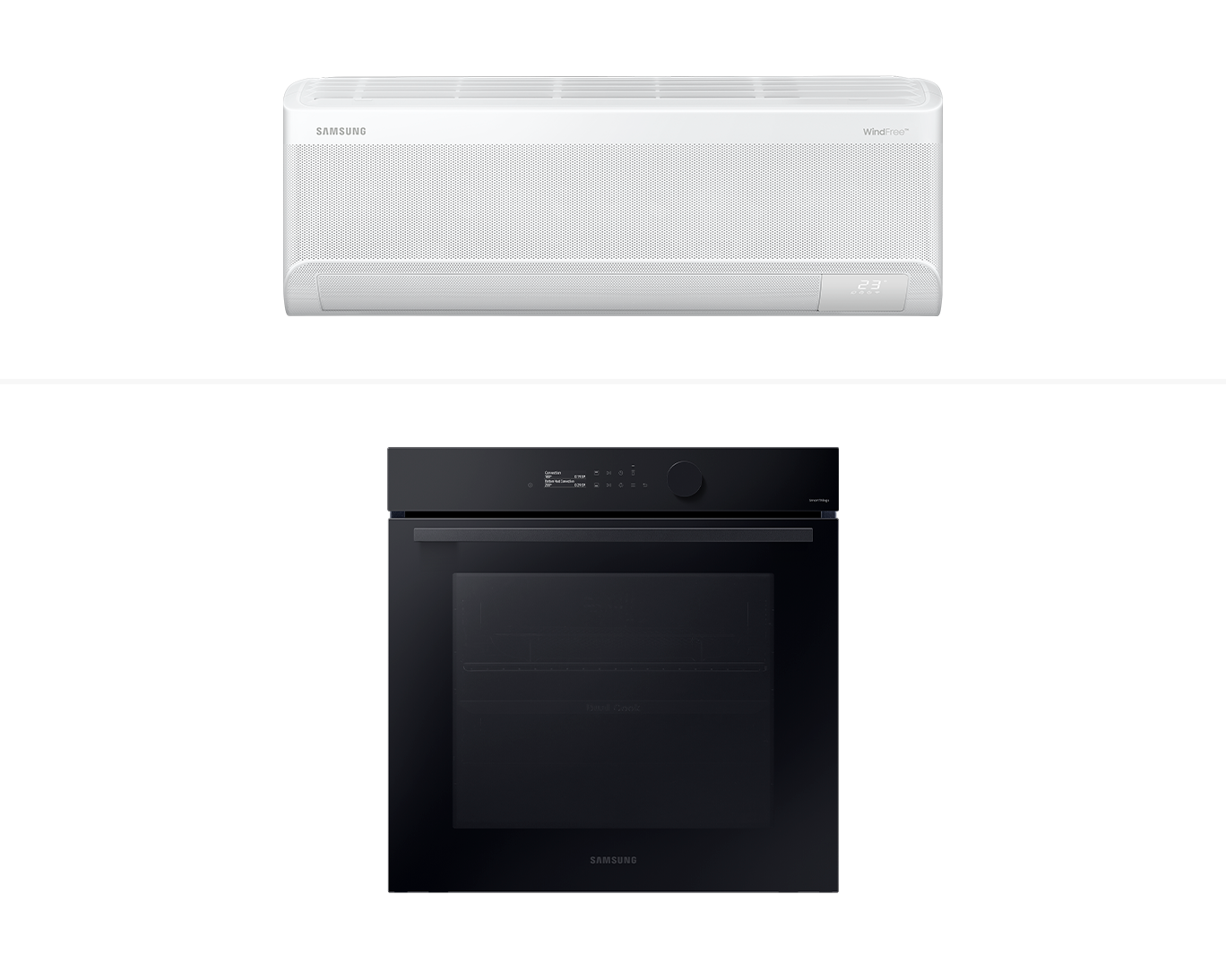 Samsung WindFree Inverter Split with Wi-Fi 12,000 BTU + Horno Eléctrico Series 5 Dual Cook y Air Fry con conexión Wi-Fi 76L color negro - Blanco · F-AR70F12NV7B