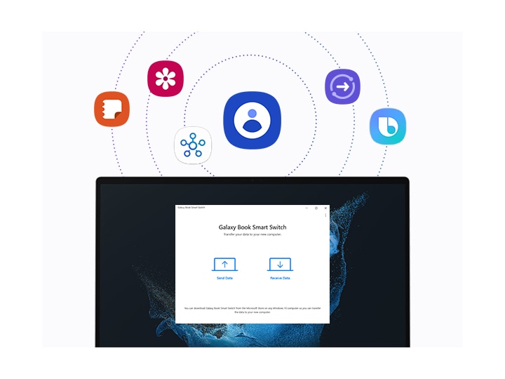 Smart Switch en la Galaxy Book se está ejecutando en una Galaxy Book2 Pro. Hay dos iconos de una PC en la pantalla, cada uno con una flecha hacia arriba y hacia abajo con los textos Enviar datos y Recibir datos. Encima de la pantalla de Smart Switch hay varios iconos de la aplicación Galaxy, como Contactos, Samsung Notes, Galería de Samsung, SmartThings, Quick Share y Bixby, a los que los usuarios pueden acceder a la vez a través del inicio de sesión único.