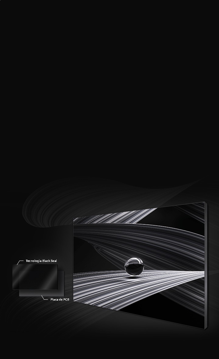The Wall is shown displaying a black spherical orb surrounded by ribbons. To the left appears a portion of the screen demonstrating how Black Seal Technology is placed above the PCB Board.