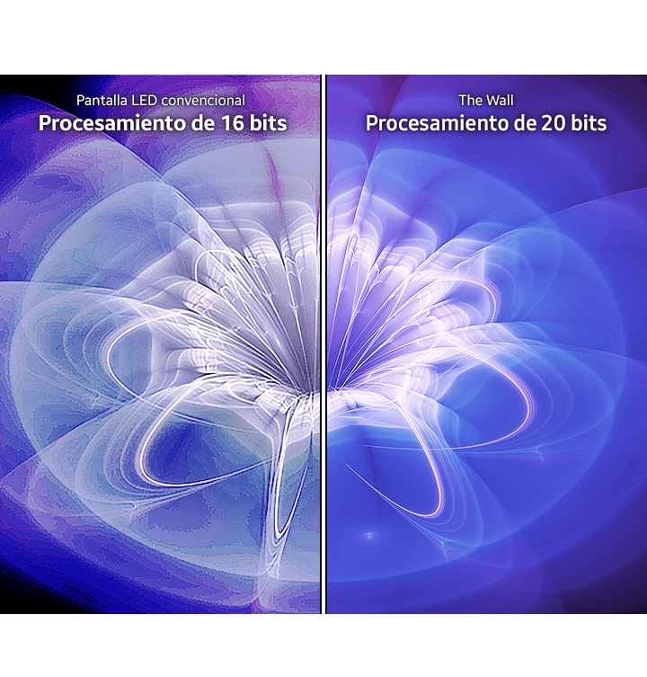 Conventional LED shows muddy and blurry colors due to its 16bit processing while The Wall shows accurate color gradients thanks to 20bit processing.