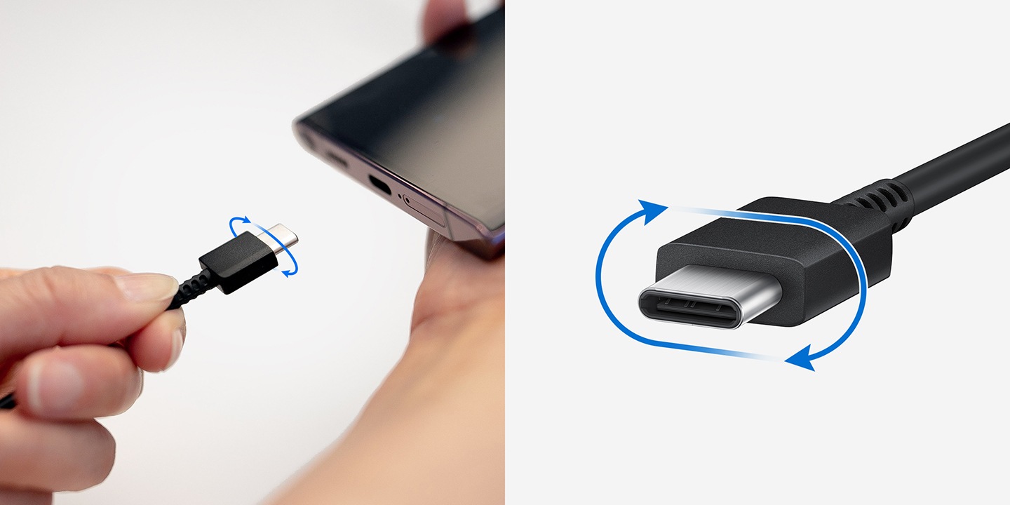 A hand holds a Galaxy smartphone and another hand holds the USB cable. Circulating arrows surround the plug to show it can be plugged in either way. A close-up of the plug has the same circulating arrows to demonstrate that the plug is symmetrical.