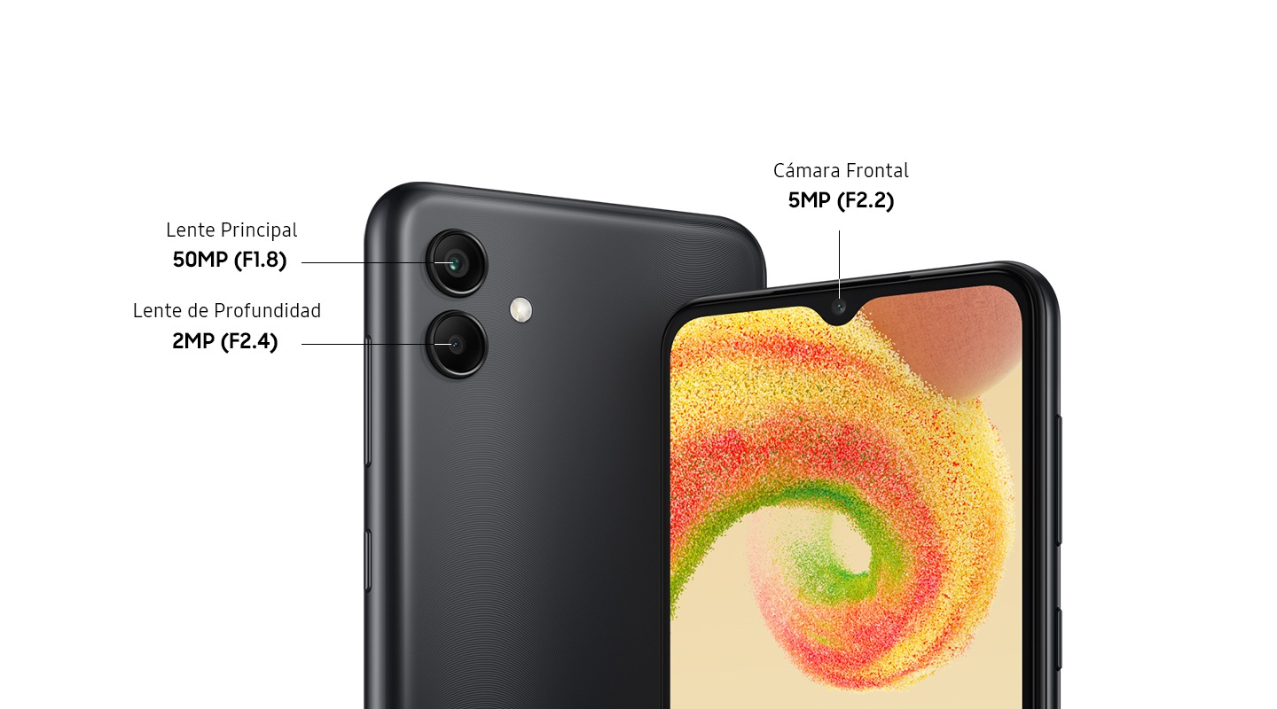 Two Galaxy A04 models, both in Black, show the rear side and front side of the device. On the left, the rear side of the device shows the 50MP F1.8 Main Camera, and 2MP F2.4 Depth Camera. On the right, the front side of the device shows the 5MP F2.2 Front Camera.