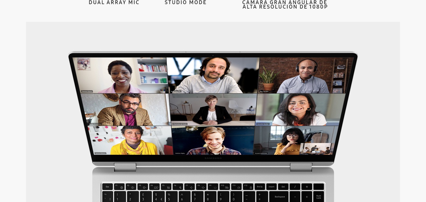 A top view of a silver-colored Galaxy Book3 360, opened and facing forward with Microsoft Teams application opened onscreen and nine people shown in a video call. DUAL ARRAY MICs. STUDIO MODE. 1080P HI-RES WIDE-ANGLE CAMERA.
