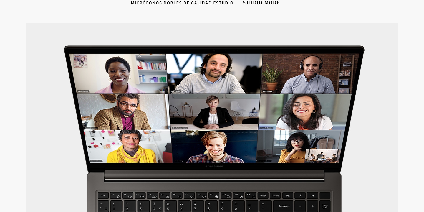 A top view of a graphite-colored Galaxy Book3, opened and facing forward with Microsoft Teams application opened onscreen and nine people shown in a video call. "STUDIO QUALITY DUAL MICS. STUDIO MODE."