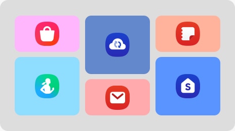 Six Galaxy app icons are shown including Galaxy Store, Samsung Health, Samsung Cloud, Email, Samsung Notes and One UI Home.