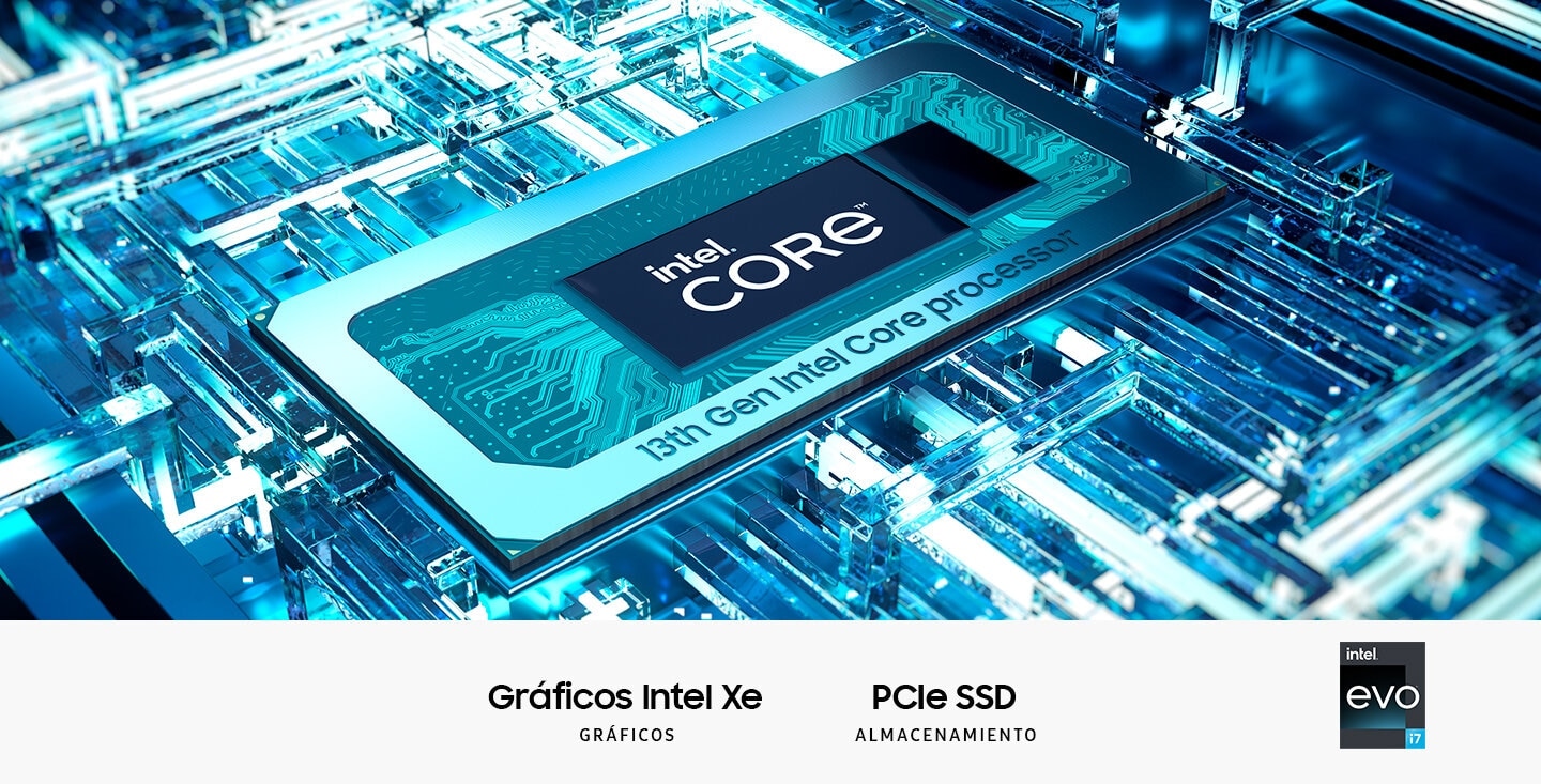 CPU is on the mainboard, with the text intel® Core™ is in the middle. Intel Xe Graphics. PCIe SSD STORAGE. Intel Evo i7 and Intel Evo i5 logos are shown.