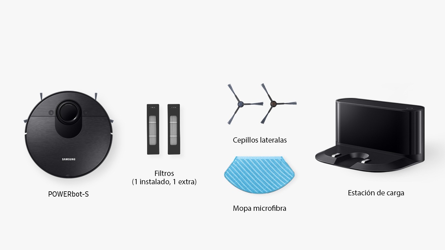 Los componentes que vienen en la caja incluyen el POWERbot-S, filtros (1 instalado, 1 adicional), cepillos laterales, trapeador de microfibra y base de carga.