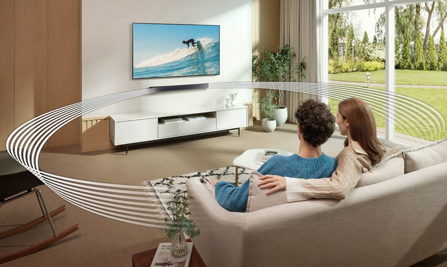 Los gráficos de ondas de sonido provenientes de Soundbar ilustran un amplio campo de sonido y una amplia zona de escucha.