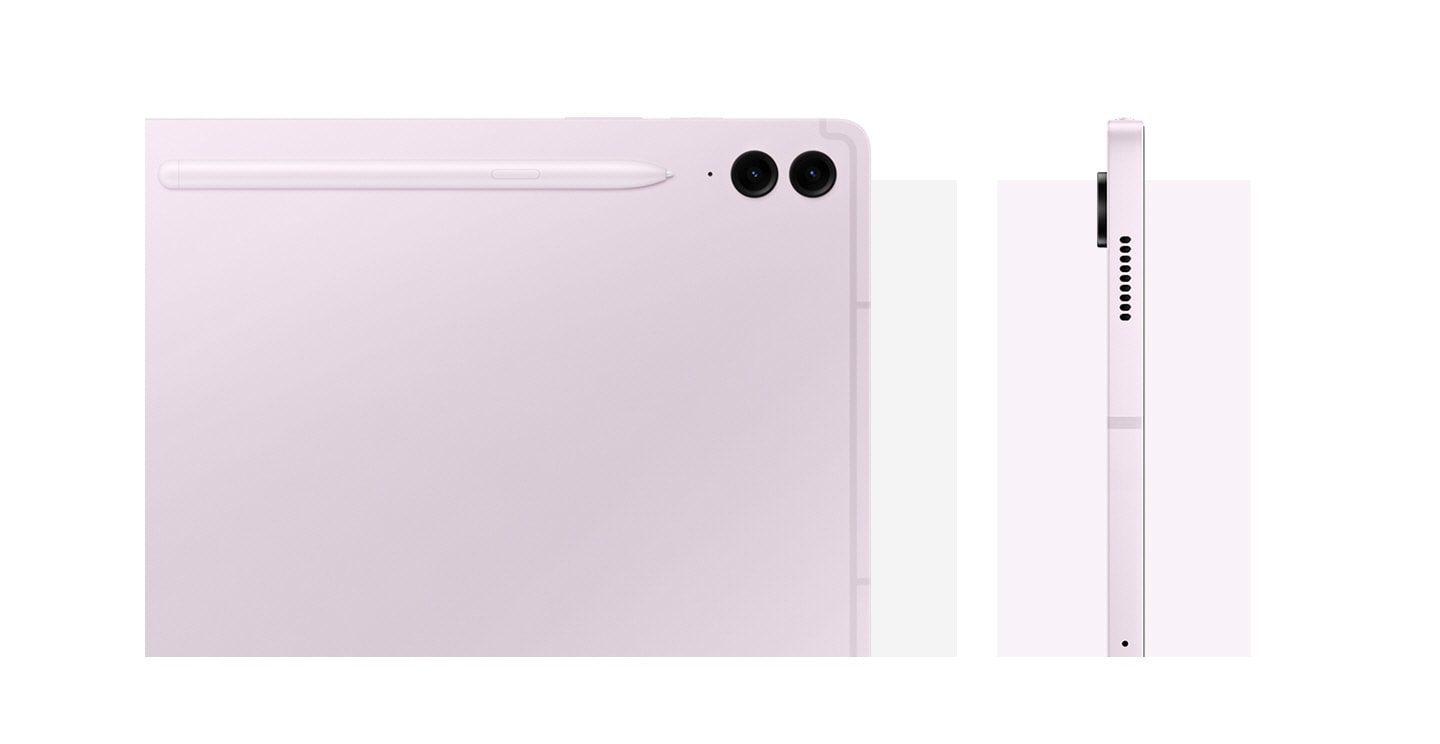 Close-up of the back of Galaxy Tab S9 FE+ in Lavender, showcasing the rear design, camera system and attached S Pen. Another Galaxy Tab S9 FE+ in Lavender is seen from the side, showcasing the design.