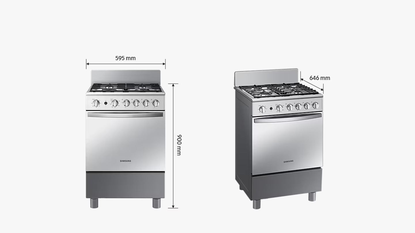 Diagrams highlight the dimensions of the oven: height = 900mm, width = 595mm, depth = 646mm (incl. handle).