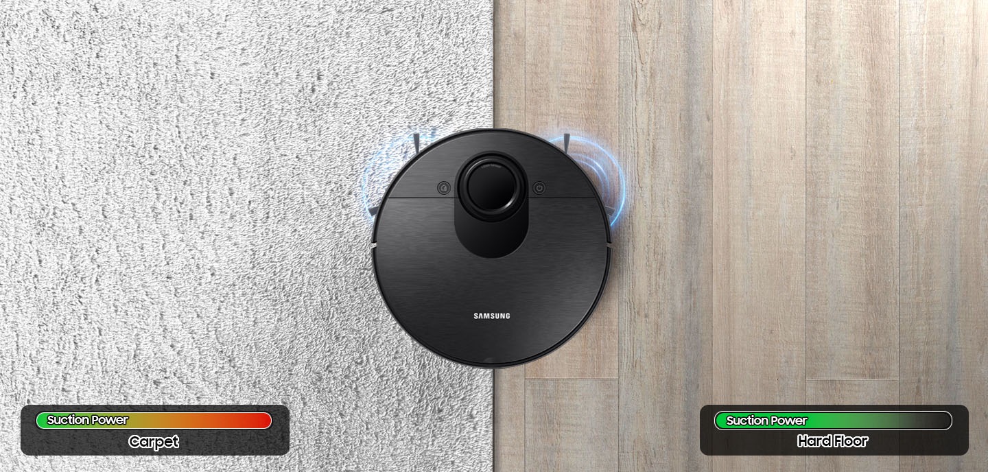 Una vista superior muestra cómo la potencia de succión de la VR7700 se controla automáticamente en diferentes superficies de piso, como madera dura y alfombra.