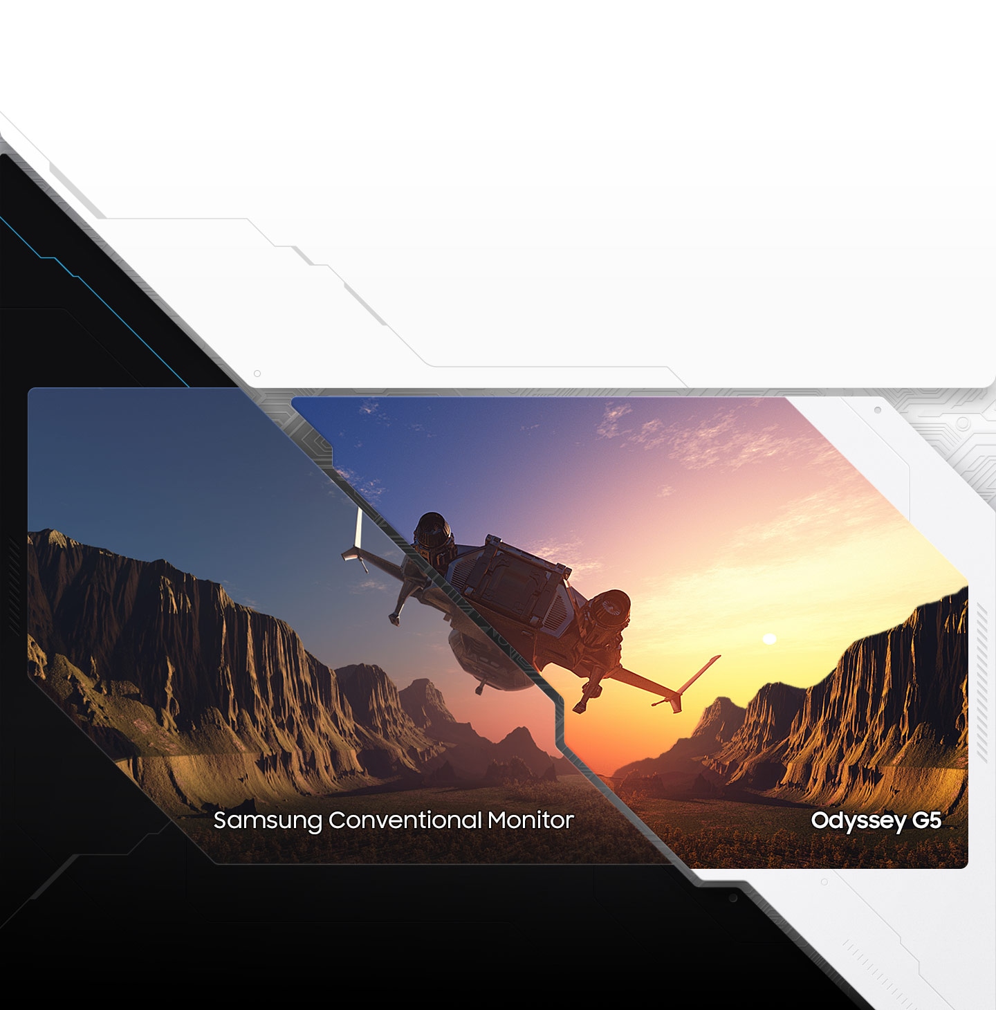El monitor se divide en dos para mostrar la diferencia entre el rango de color normal para el monitor convencional Samsung y el alto contraste con la Odyssey G5 para obtener detalles más vibrantes y perceptibles.