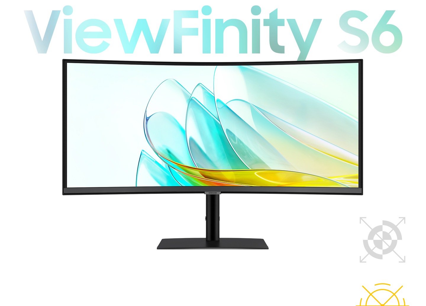 Hay un monitor y su parte superior está cerrada hacia arriba. Y cuando se aleja, aparece el logotipo del producto, 'ViewFinity S6'.