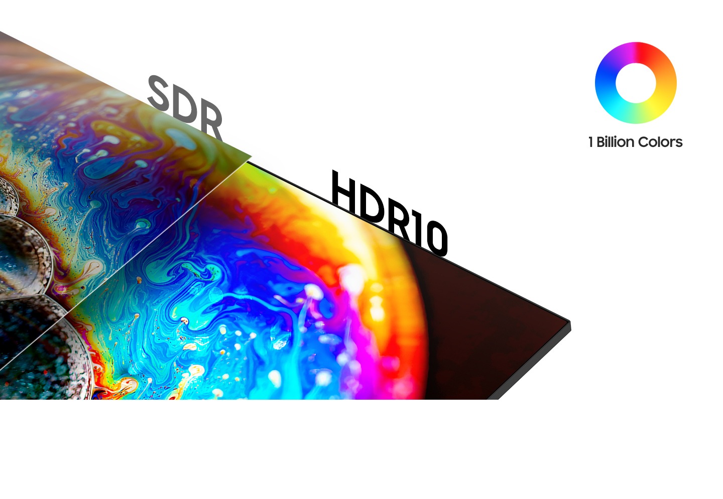 Se comparan SDR y HDR10, y la imagen de HDR10 es más brillante y vívida. Junto a las imágenes, hay algunos iconos que representan 1.000 millones de colores.