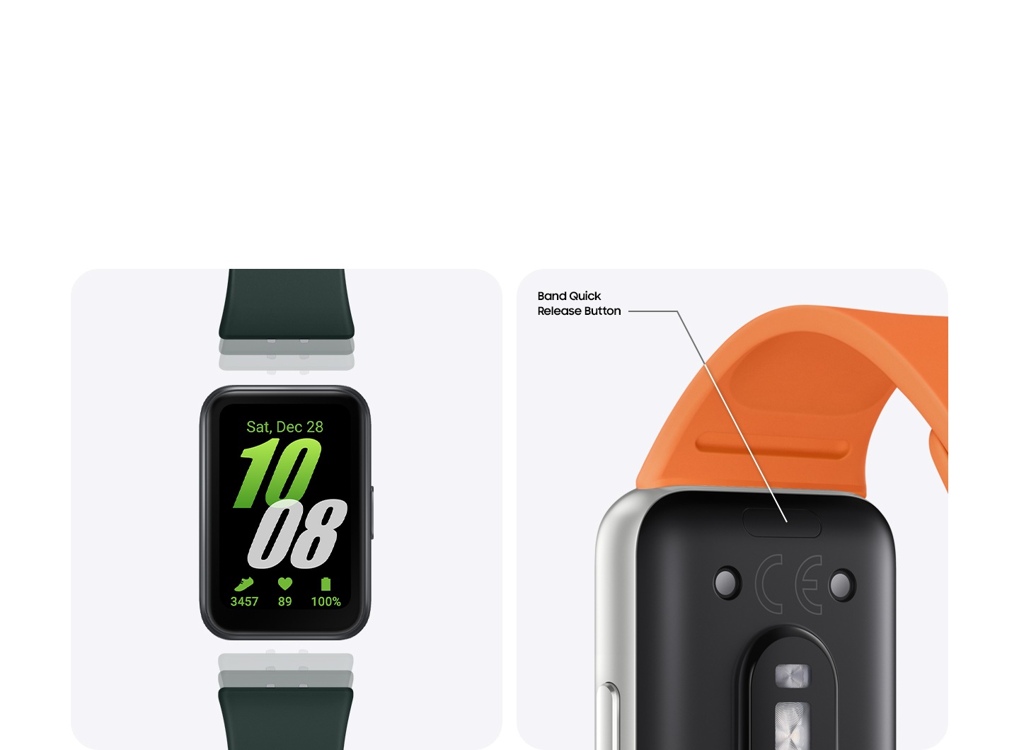 Un Galaxy Fit3 mirando hacia arriba con la pantalla encendida que muestra la fecha, hora, pasos, ritmo cardíaco y nivel de batería. Se ven las bandas Dark Green separadas del dispositivo.  Primer plano de atrás del Galaxy Fit3 con una línea que apunta al Botón de liberación rápida de banda etiquetado.