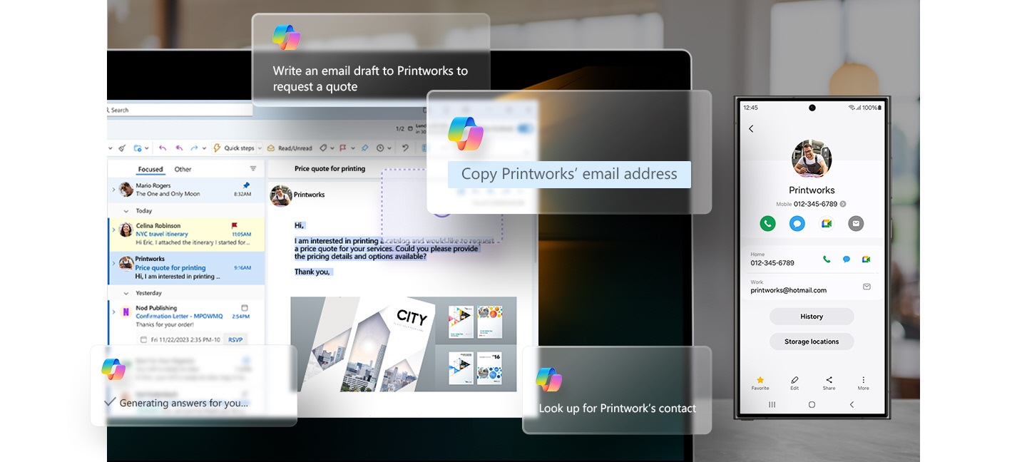 Una Galaxy Book4 y el Galaxy S24 Ultra colocados una junto al otro. La información de contacto que se muestra en el Galaxy S24 Ultra se utiliza en la Galaxy Book4 para enviar un mensaje al contacto mediante indicaciones de chat desde la AI personalizada de Copilot.