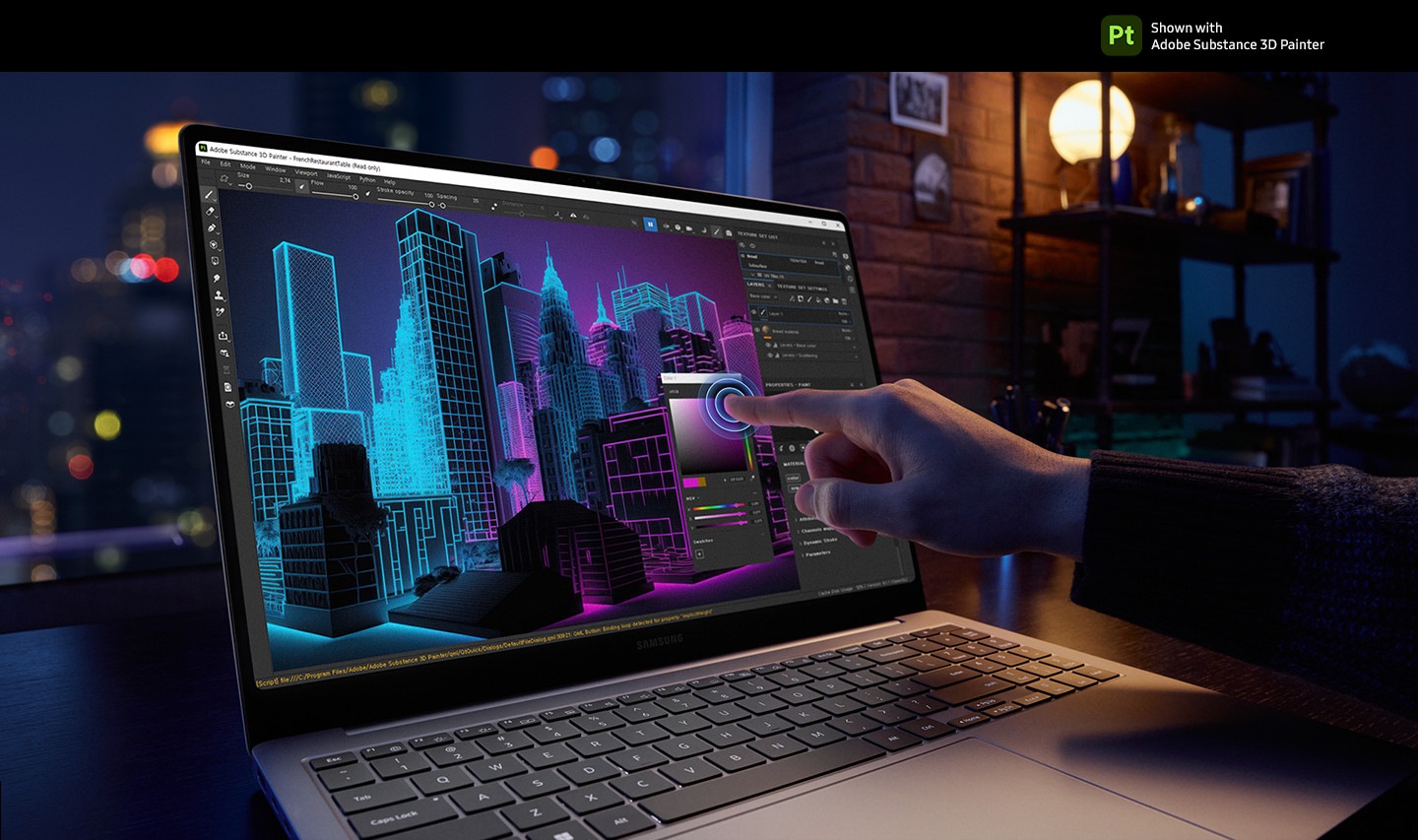 Una Galaxy Book4 Ultra está abierta, mirando hacia adelante con una imagen gráfica colorida de edificios altos abiertos para editar en la aplicación Adobe Substance 3D Painter en pantalla y el dedo de una persona tocando la pantalla táctil para seleccionar el color. Se muestra el logotipo de Adobe Substance 3D Painter.