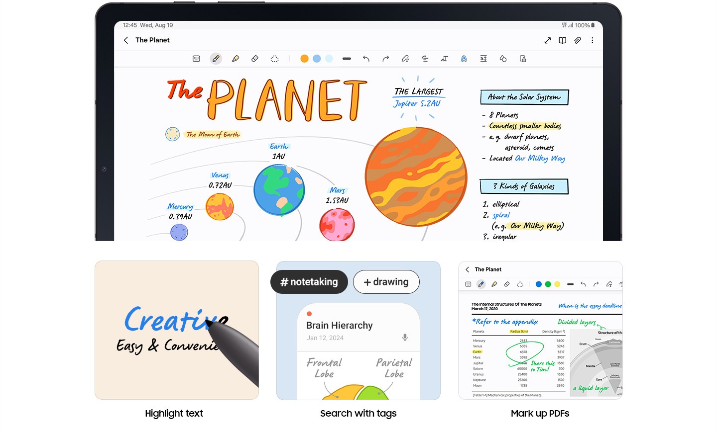 Un colorido dibujo del Sistema Solar con planetas y la Luna se muestra a pantalla completa en el Galaxy Tab S6 Lite, hecho con el S Pen, con notas de colores y texto resaltado. Las tres funciones del S Pen se muestran por separado: resaltar texto, buscar con etiquetas y marcar PDF.