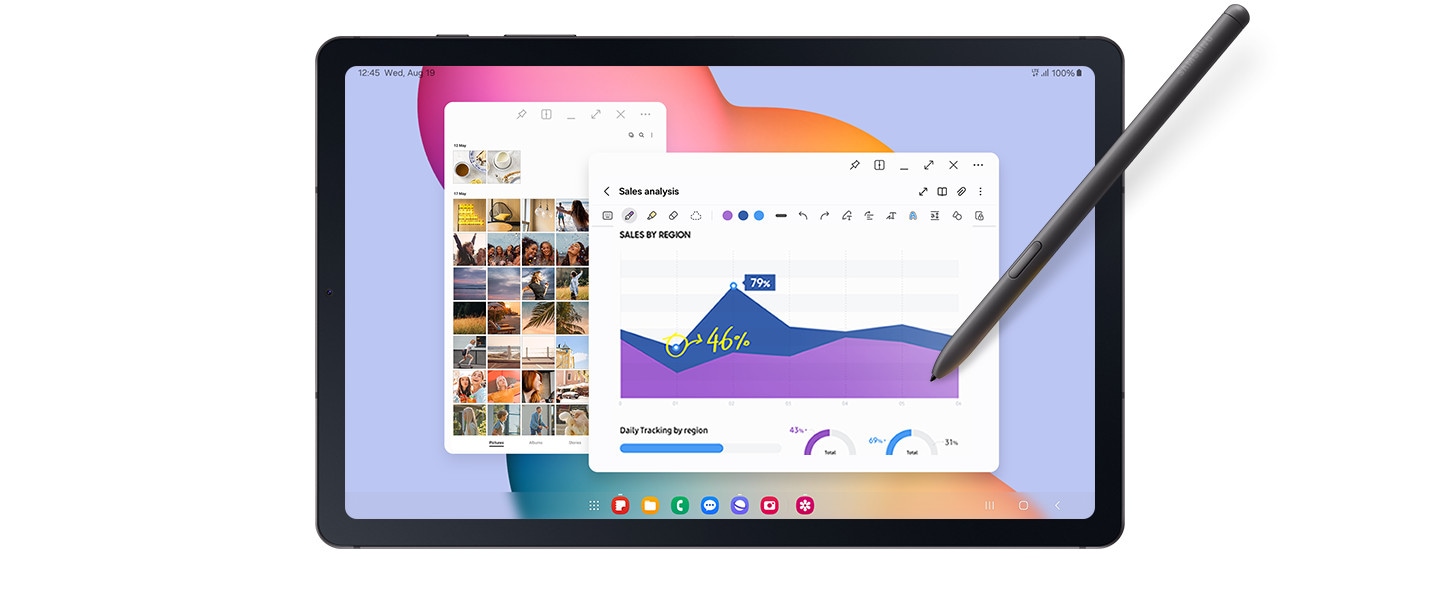 Galaxy Tab S6 Lite con varias imágenes en su pantalla que están siendo editadas con un Galaxy S Pen.
