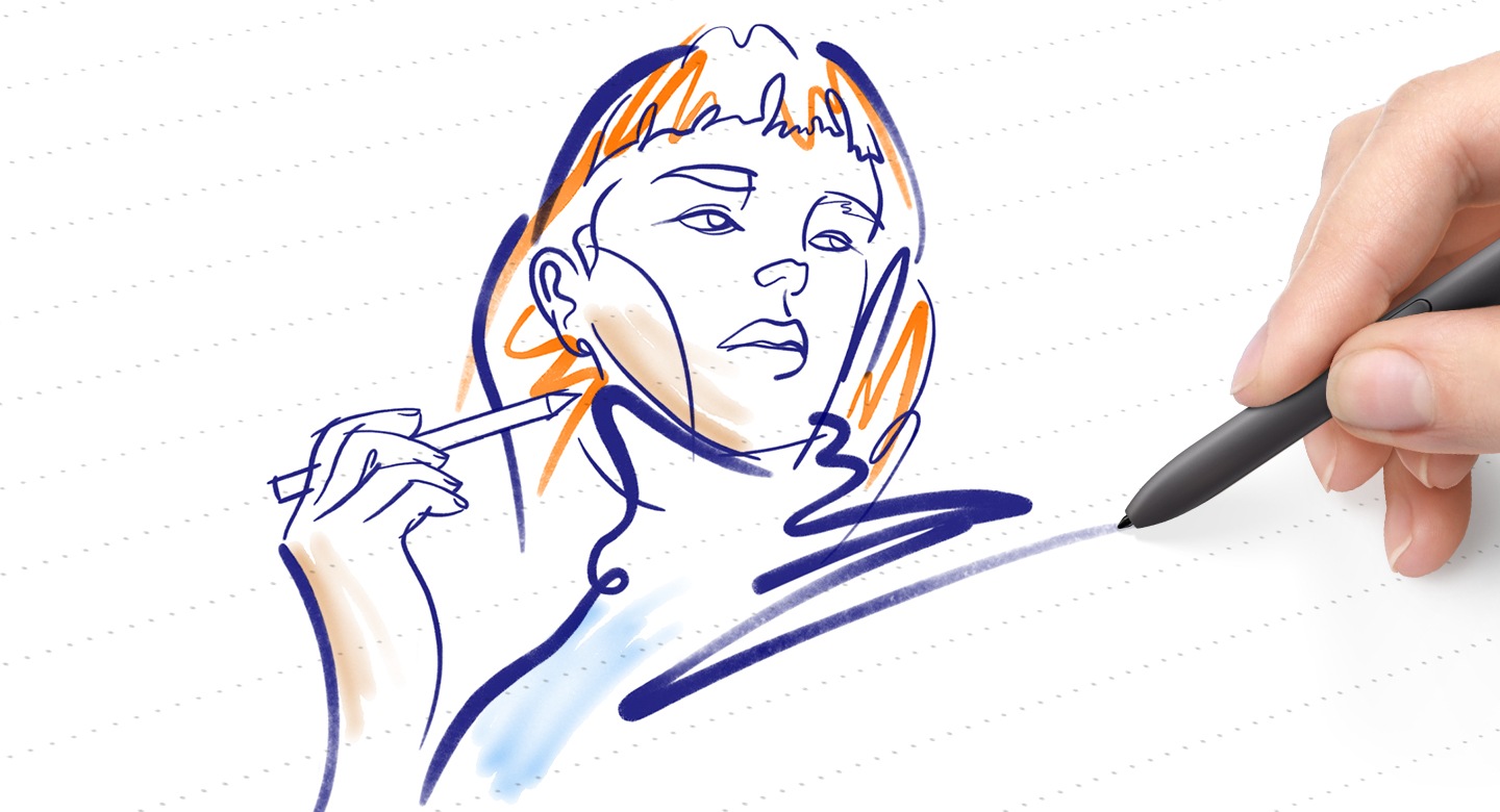 Con el S Pen, una persona dibuja una colorida imagen abstracta de una mujer con un lápiz en la mano sobre un fondo de puntos.