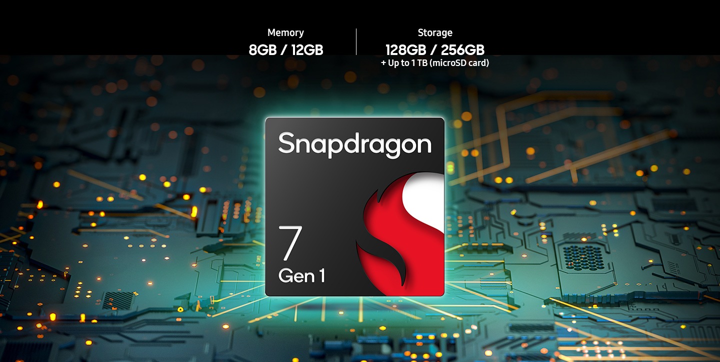 The square logo of Snapdragon 7 Gen 1. Over it the following memory and storage options are shown: Memory 8GB / 12GB and Storage 128GB / 256GB + Up to 1TB (microSD card).