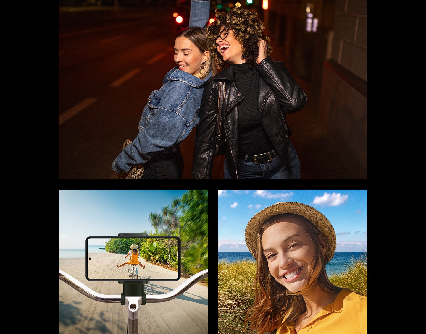 Una fotografía detallada y luminosa tomada de noche muestra a dos amigos sonriendo y divirtiéndose en la calle. Abajo, se muestra una Galaxy M55 5G montada en una bicicleta para grabar un vídeo estable y nítido de una mujer delante montando en bicicleta. A la derecha, se muestra un selfie de alta calidad de una mujer sonriendo sobre un fondo oceánico.