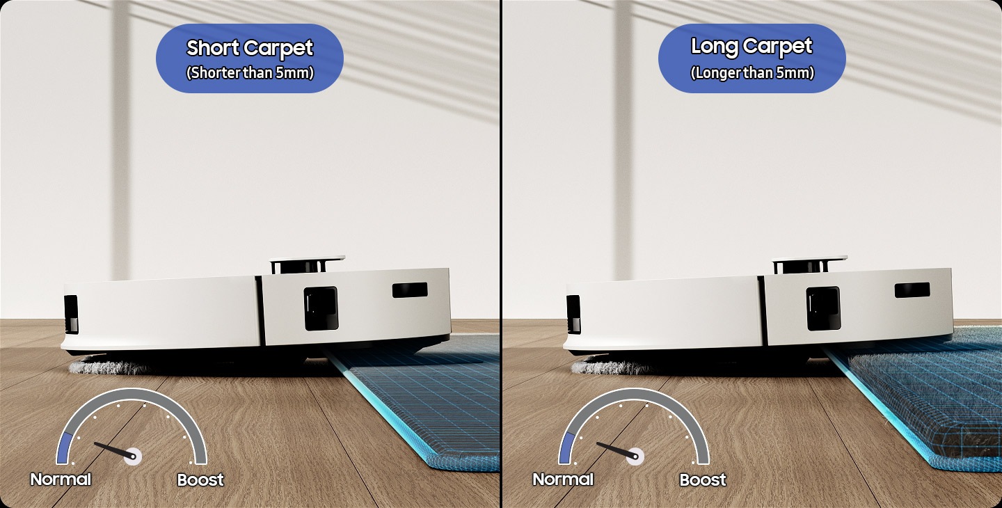 Jet Bot Combo Steam identifica diferentes tipos de suelos. Para las alfombras cortas, que son más cortas de 5mm, retrae las almohadillas de la mopa antes de limpiar para evitar la contaminación cruzada. Para las alfombras largas de más de 5 mm, se desplaza a la estación de limpieza Steam+ para retirar las mopas, las deja en la estación y vuelve a limpiar. También puede aumentar su potencia de succión para una mayor eficacia de limpieza. En el lado izquierdo, hay gráficos que muestran el modo normal y el modo de refuerzo para la limpieza, que funcionan en modo de refuerzo cuando se limpian alfombras.