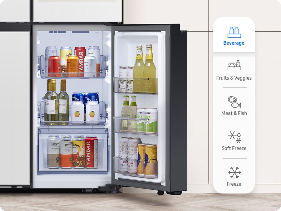 Hay un primer plano del CoolSelect+ con cinco modos: Bebidas, Frutas y verduras, Carne y pescado, Congelación suave y Congelación. A medida que cambia el modo, las bandejas se llenan primero con bebidas, luego con verduras y salsas, y finalmente con carne, lo que muestra diferentes formas de organizar los alimentos.
