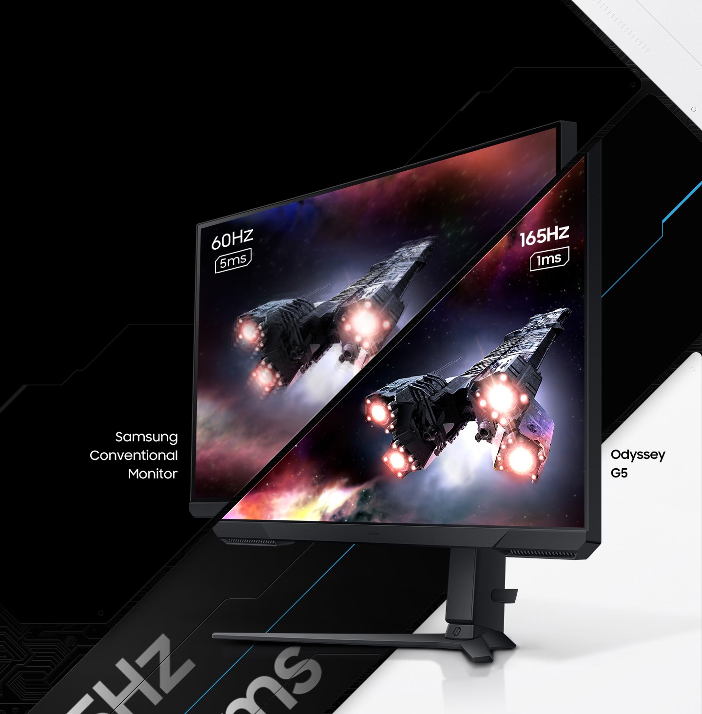 A monitor which is seen from its right side shows two spaceships blasting off into space. The monitor is split in two to show the difference in display quality comparing two different refresh rates and response time, one for Samsung conventional monitor with 60Hz and 5ms and the other for Odyssey G5 with 165Hz and 1ms.