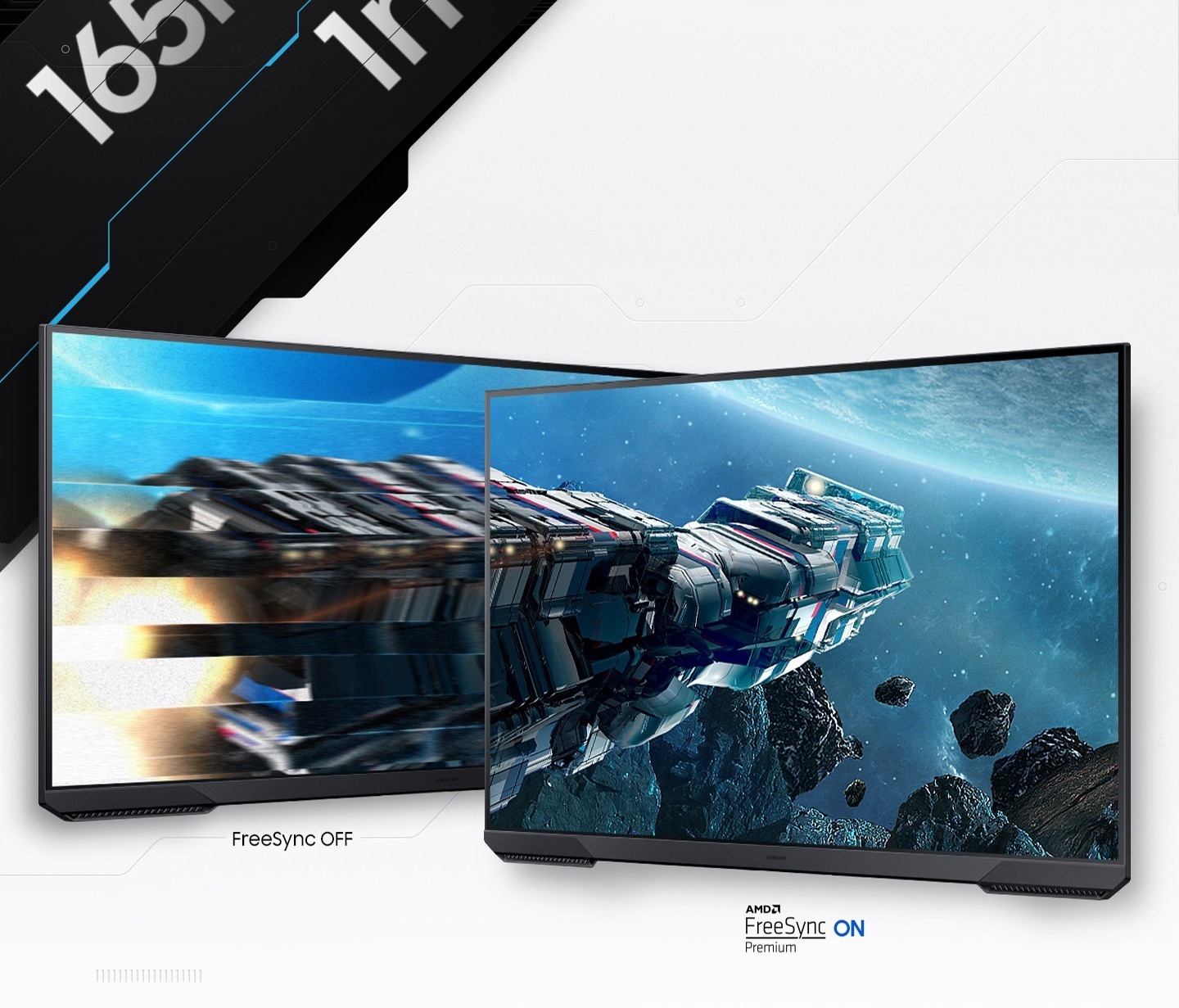Two monitors show the same scene of a star ship flying over asteroids heading to an unknown world towards deep space. The left monitor's screen where FreeSync is off is disjointed with jarring screen jitter while the right with AMD FreeSync Premium on shows the star ship with perfect clarity.