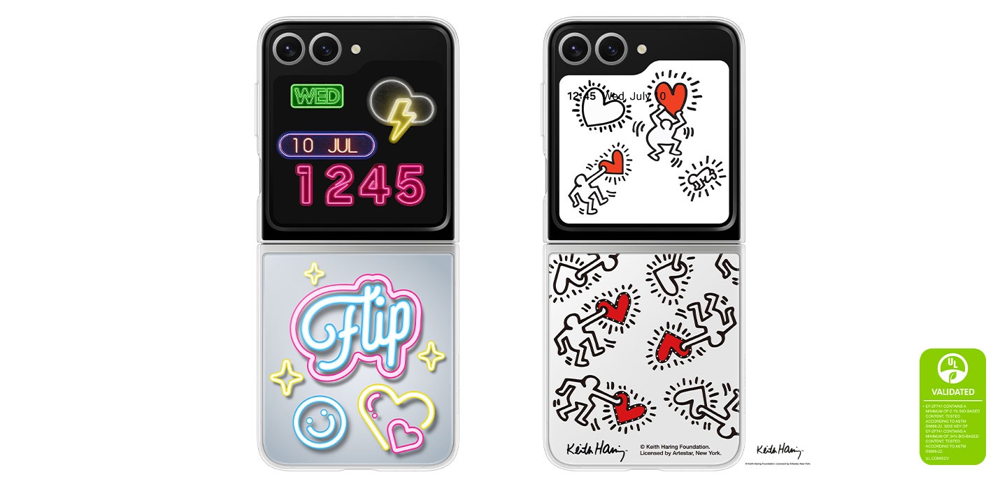Un video comienza con una tarjeta Flipsuit y un estuche Flipsuit que se juntan. Ambos se instalan en un Galaxy Z Flip6 completamente plegado. El smartphone se despliega y los diseños únicos y coloridos ahora se ven en el estuche y en la pantalla LED del smartphone. A continuación, se presentan dos smartphones Galaxy Z Flip6, cada uno con un estuche Flipsuit diferente, uno con diseños en neón y el otro en White con una obra de arte de Keith Haring. Las pantallas LED de ambos smartphones presentan estos diseños únicos en movimiento. El texto dice:UL VALIDADO EF-ZF741 CONTIENE UN MÍNIMO DEL 0,1% DE CONTENIDO BIOBASED, TESTEADO DE ACUERDO A ASTM D6866-22. LA TECLA LATERAL DEL EF-ZF741 CONTIENE UN MÍNIMO DEL 34% DE CONTENIDO BIOBASED, TESTEADO DE ACUERDO A ASTM D6866-22. UL.COM/ECV.